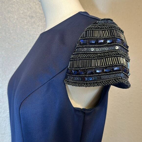 NEW Ieena for Mac Duggal hand- beaded cap sleeve A-line navy blue gown size 6 - Picture 7 of 14